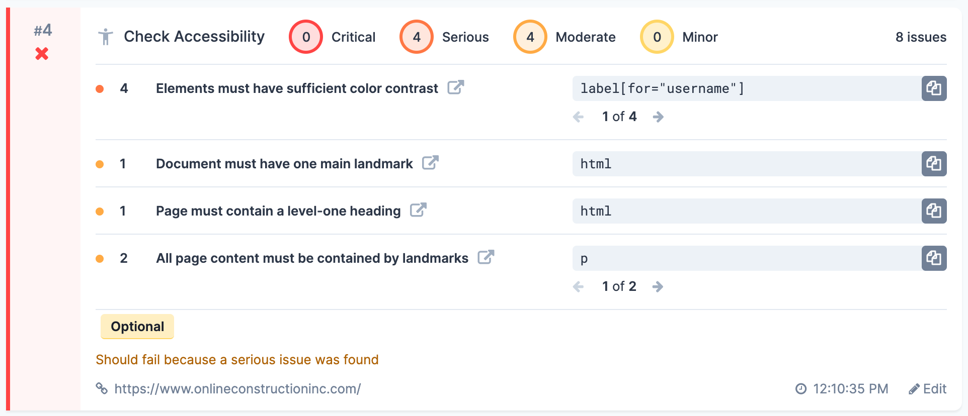 Check Accessibility Step Result Example