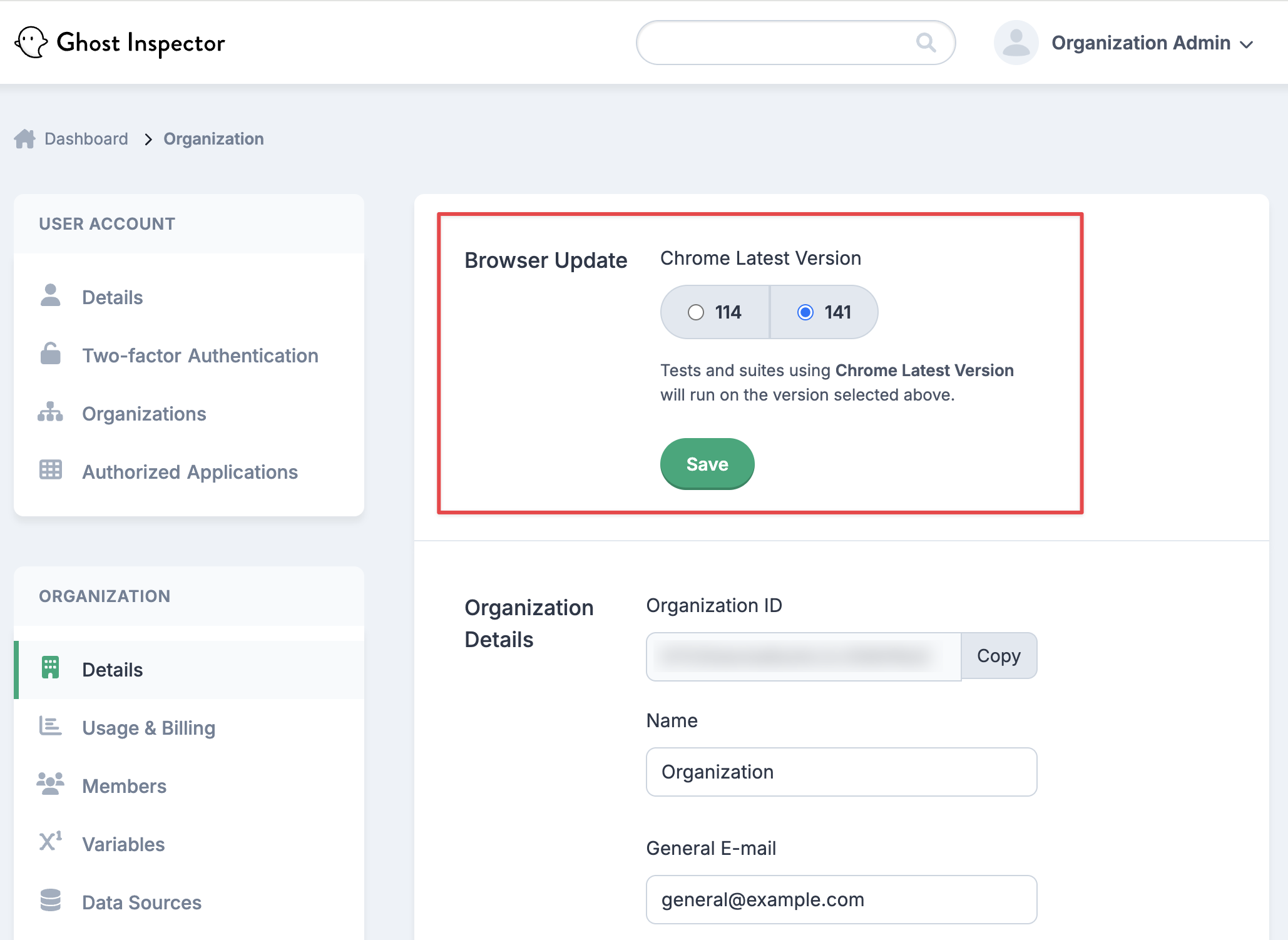 Switch the default “Latest Chrome Version” in organization settings