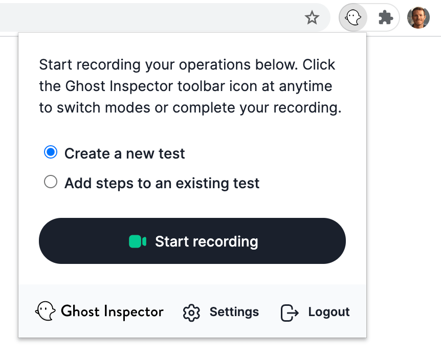 Ghost Inspector web test recorder - Start recording