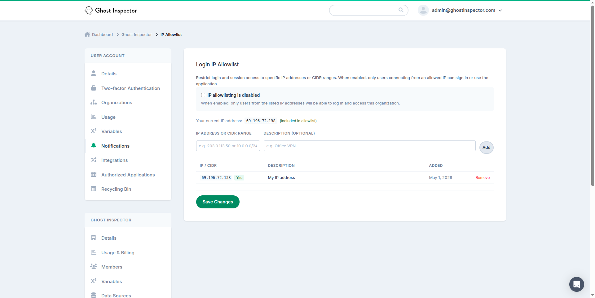 Login IP Allowlist settings