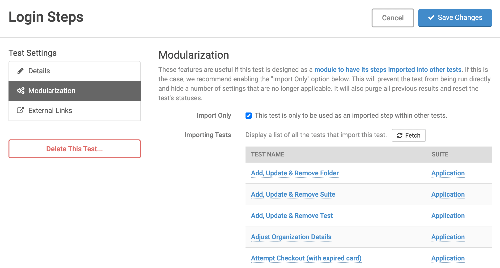 Test Modularization Settings