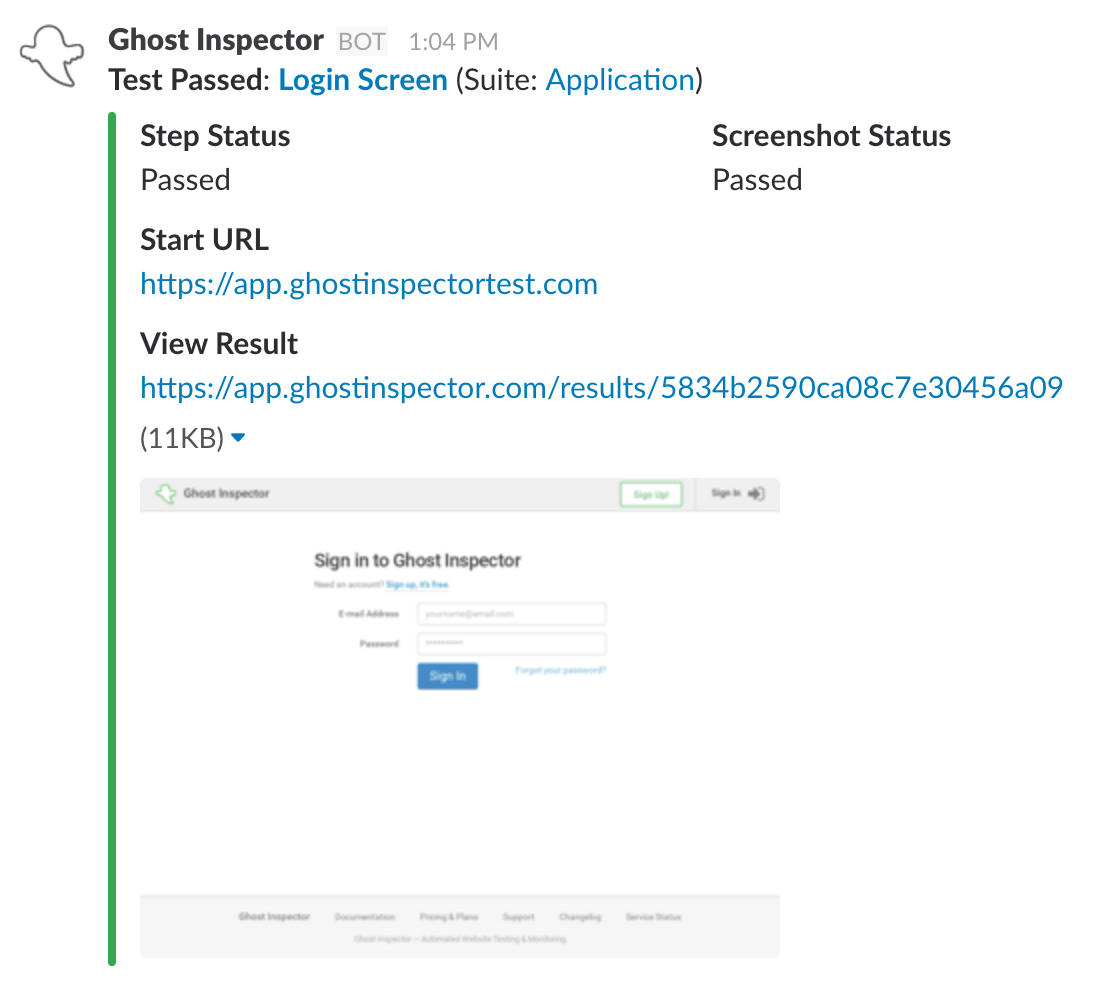 Ghost Inspector - Sample Slack Message