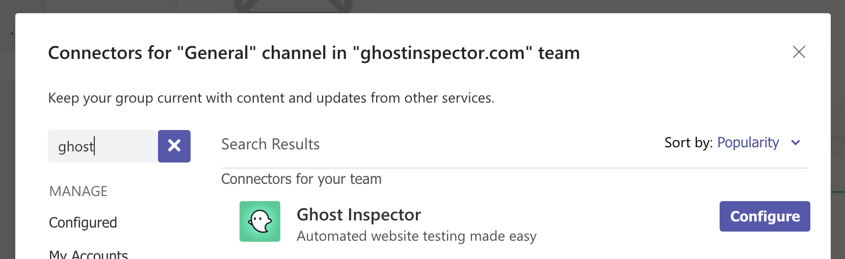 Microsoft Teams: Ghost Inspector Connector