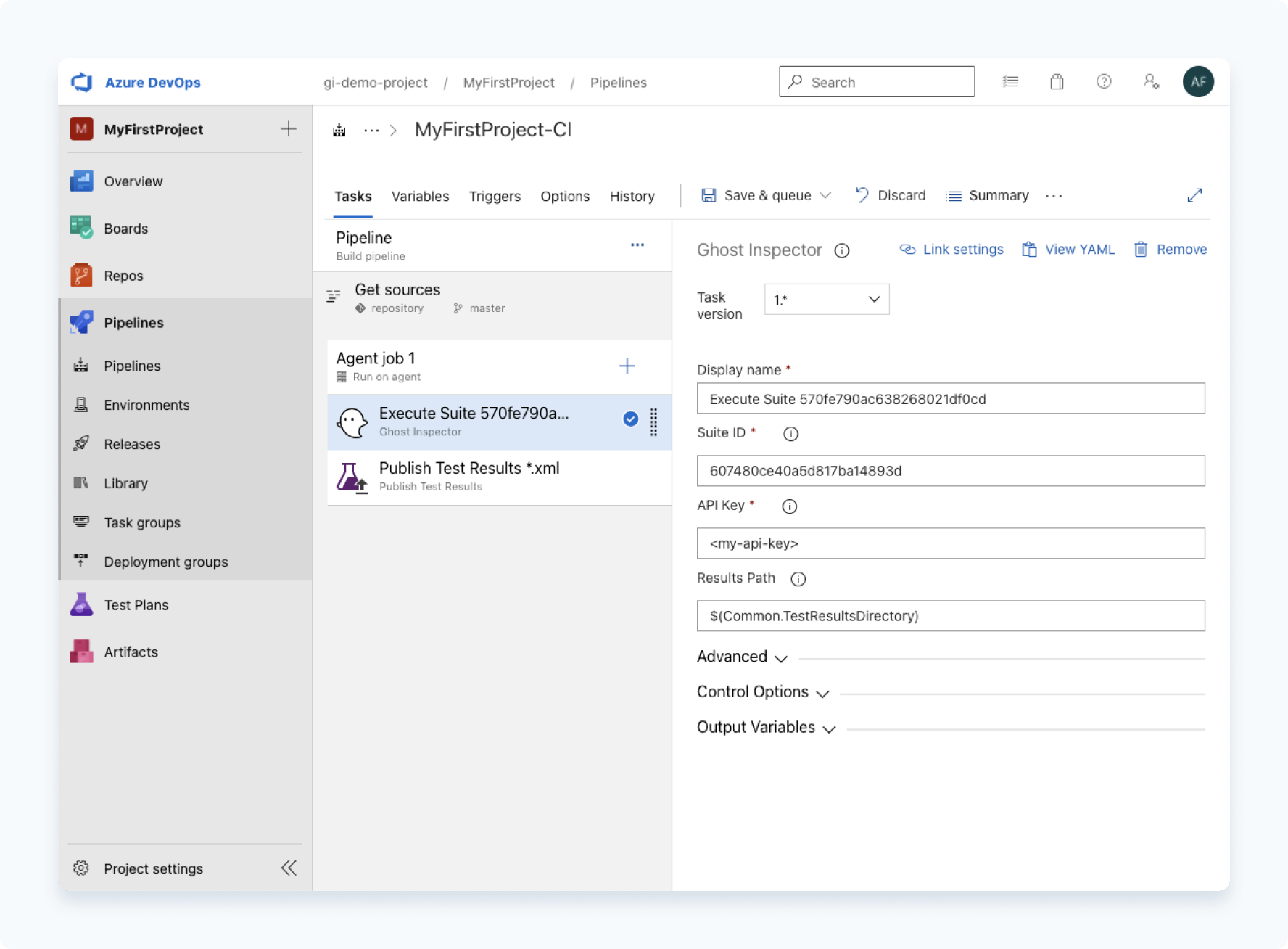 Configure Ghost Inspector Integration build step