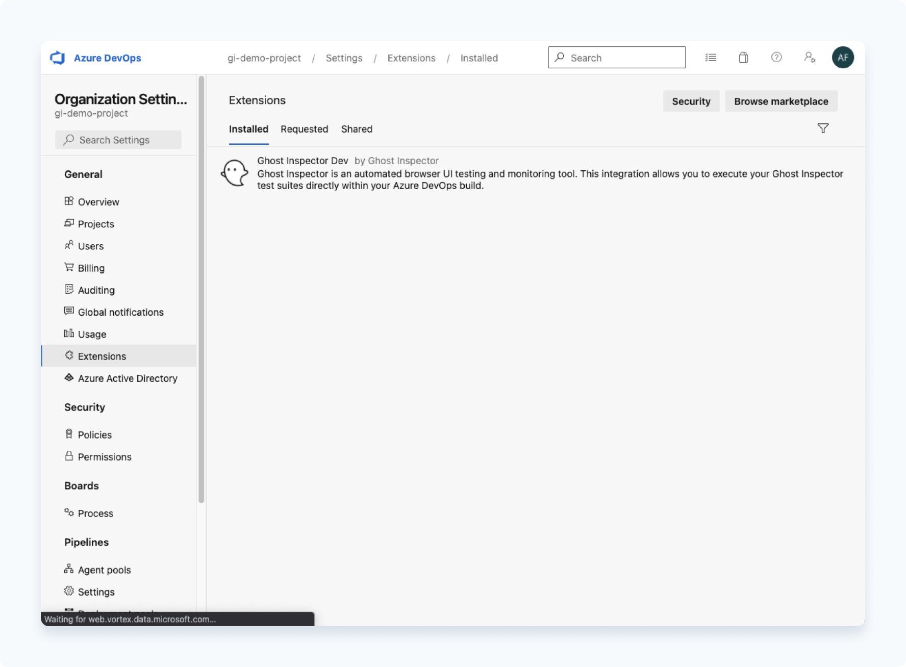 Confirm Ghost Inspector Integration extension installation in your Azure DevOps account
