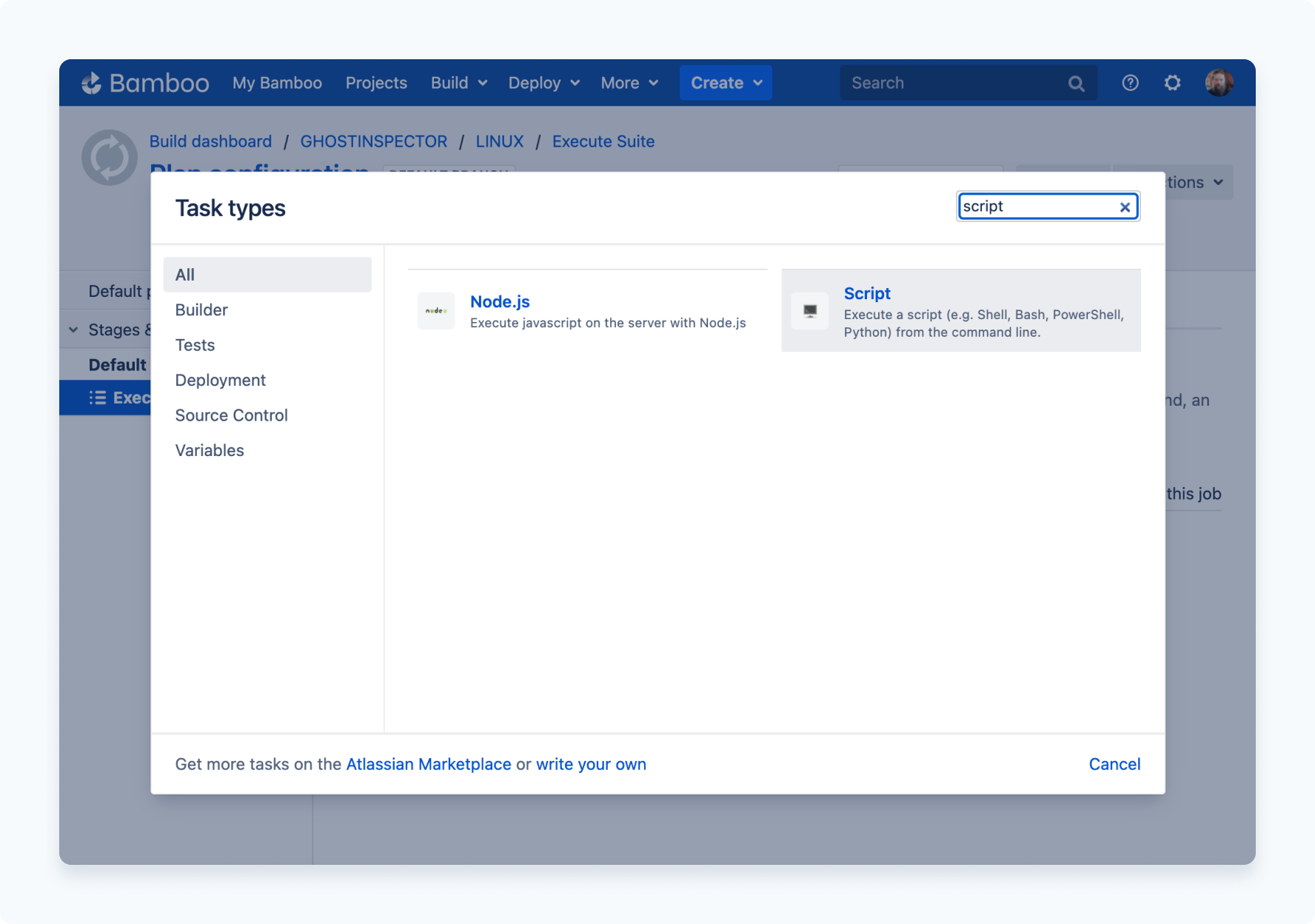 Add a Script task to Bamboo Server build stage