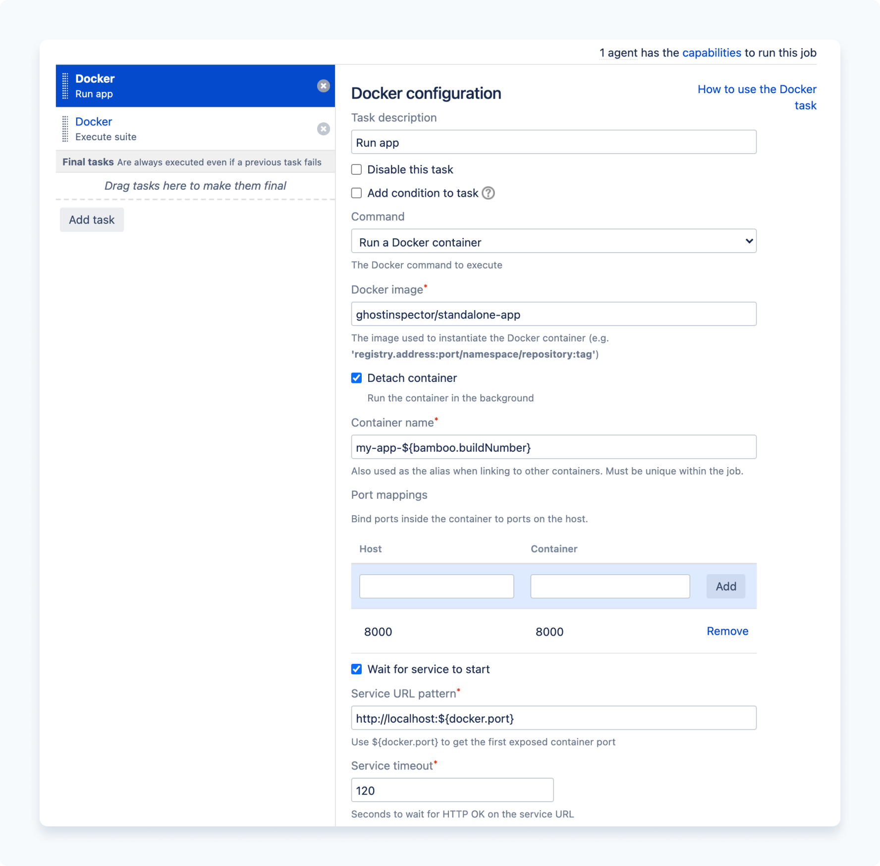 Docker run application task configuration