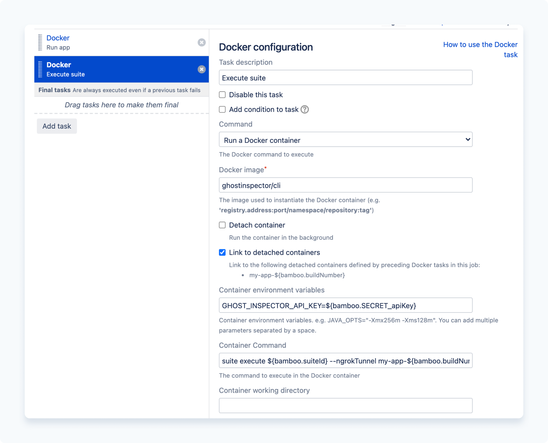 Docker execute suite task configuration