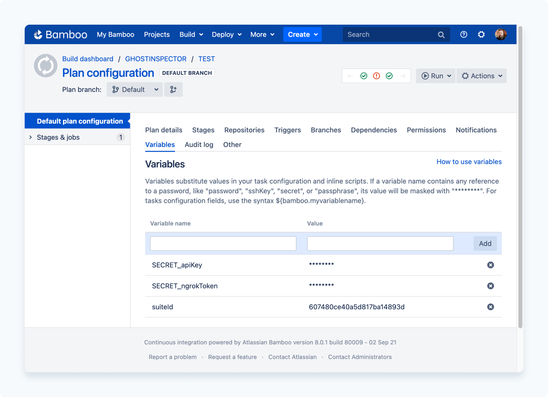 Bamboo Server job environment configuration