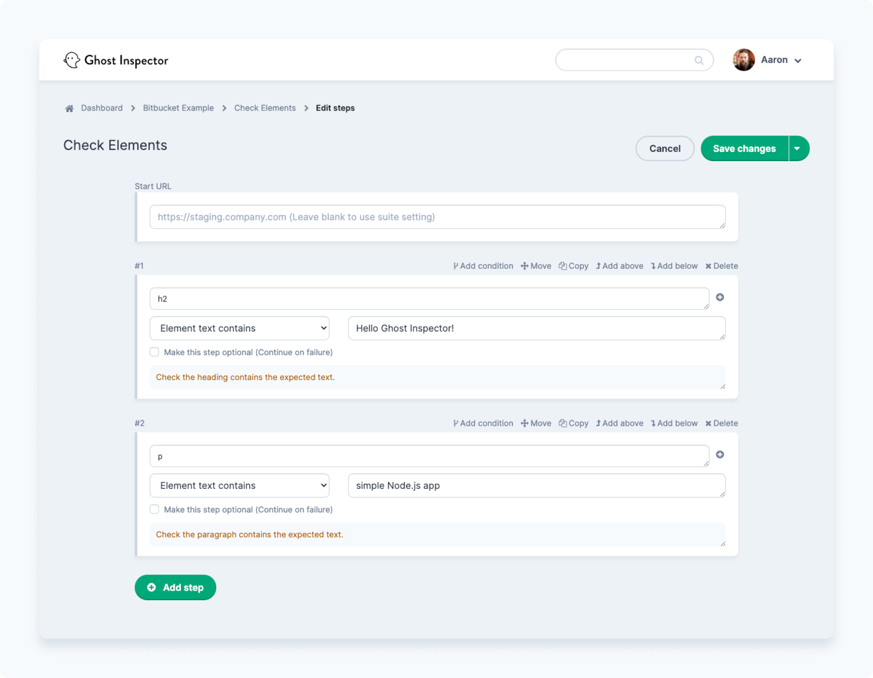 Setting up Ghost Inspector test steps in the test editor