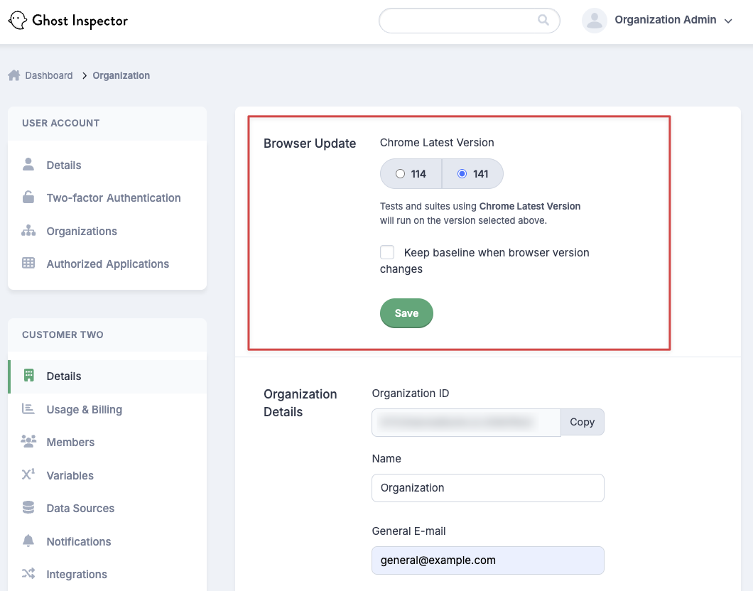 Switch the default “Latest Chrome Version” in organization settings