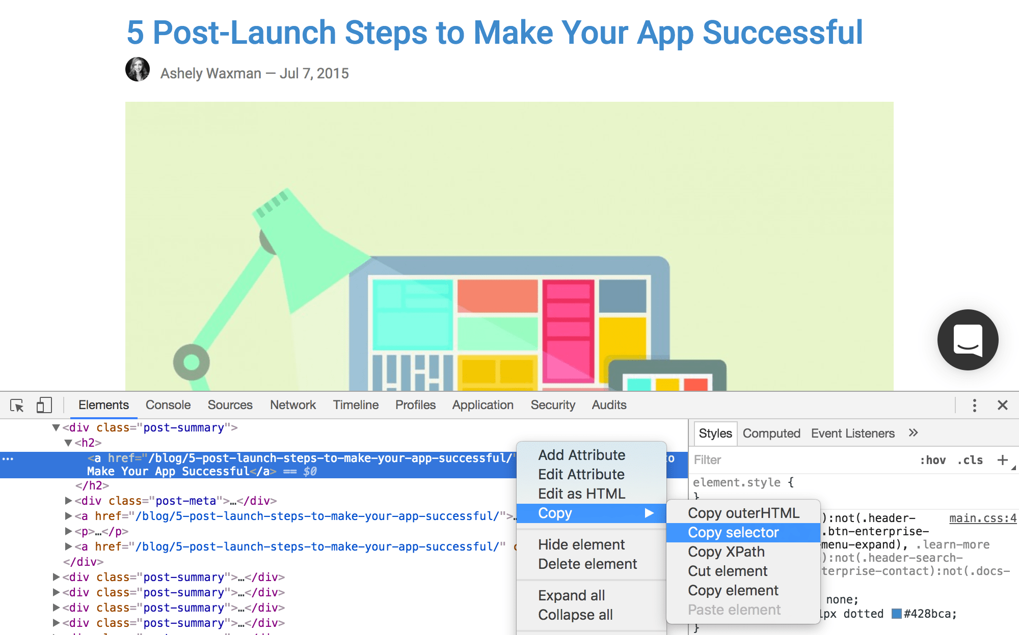 Copy CSS selector in Chrome Developer Console