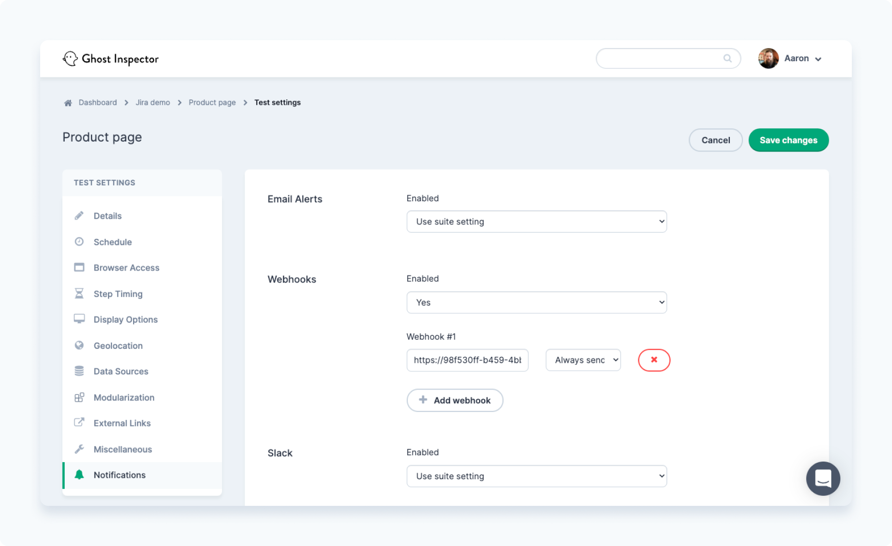 Save the webhook to your Ghost Inspector test