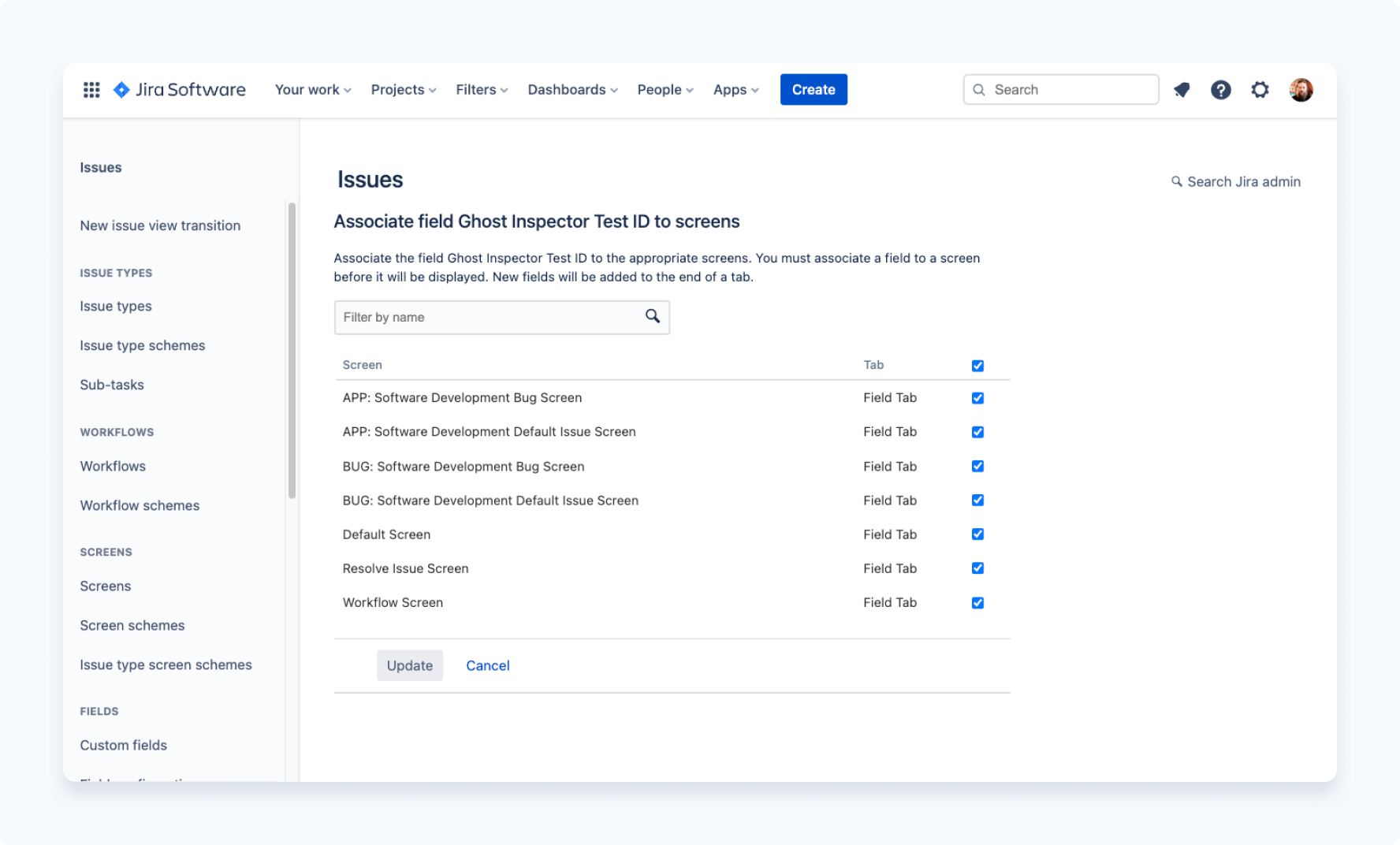 Select the views to display the custom field