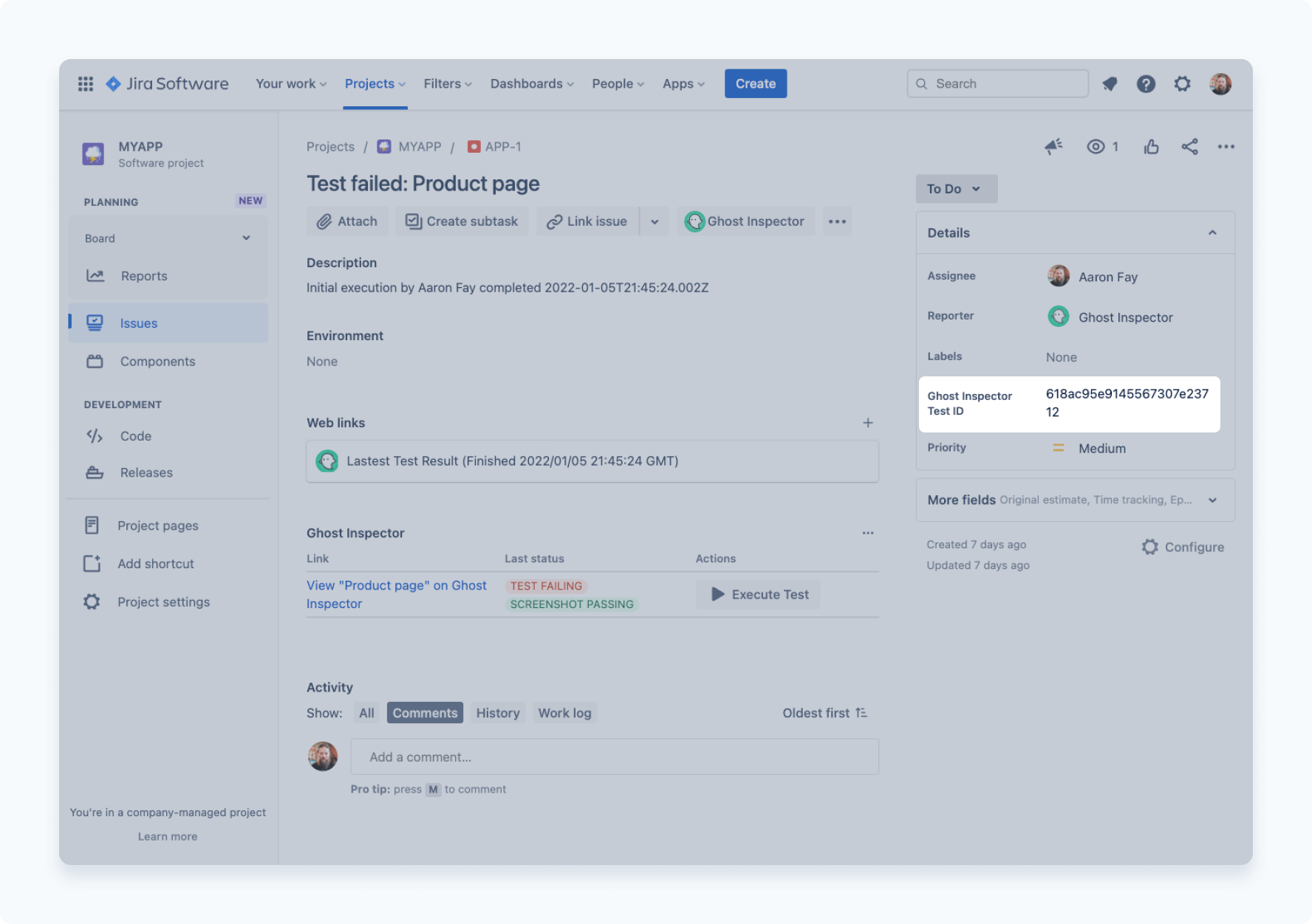 Ghost Inspector Test ID is now visible on the issue