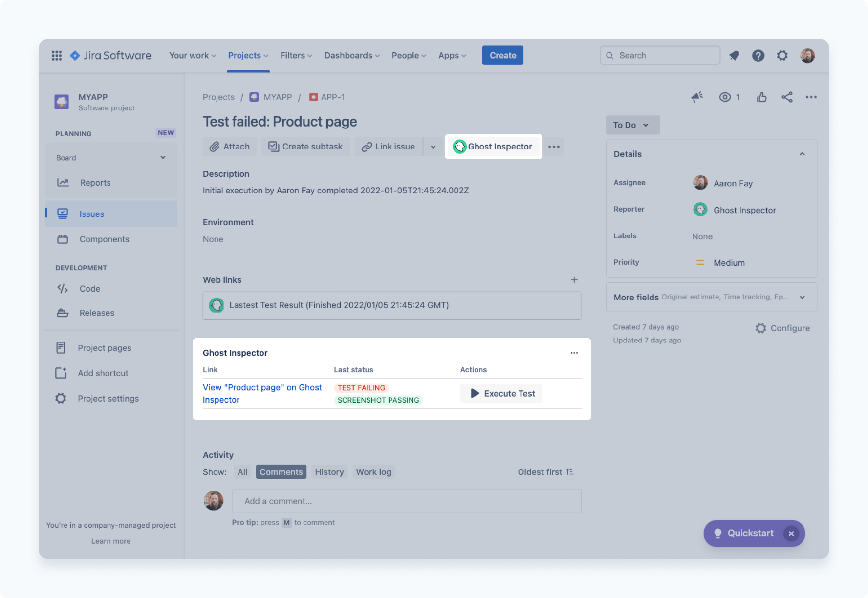 The Ghost Inspector custom panel show test status and execution options