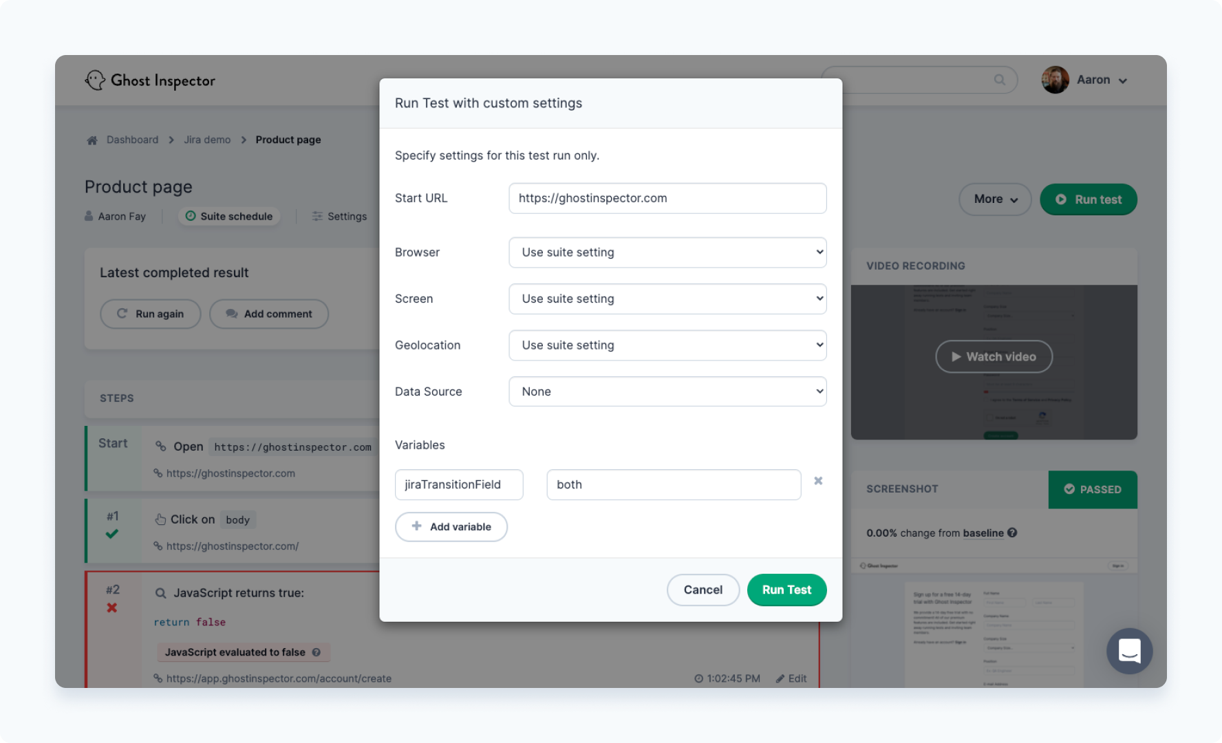 Add variables to Run test w/ustom settings dialog