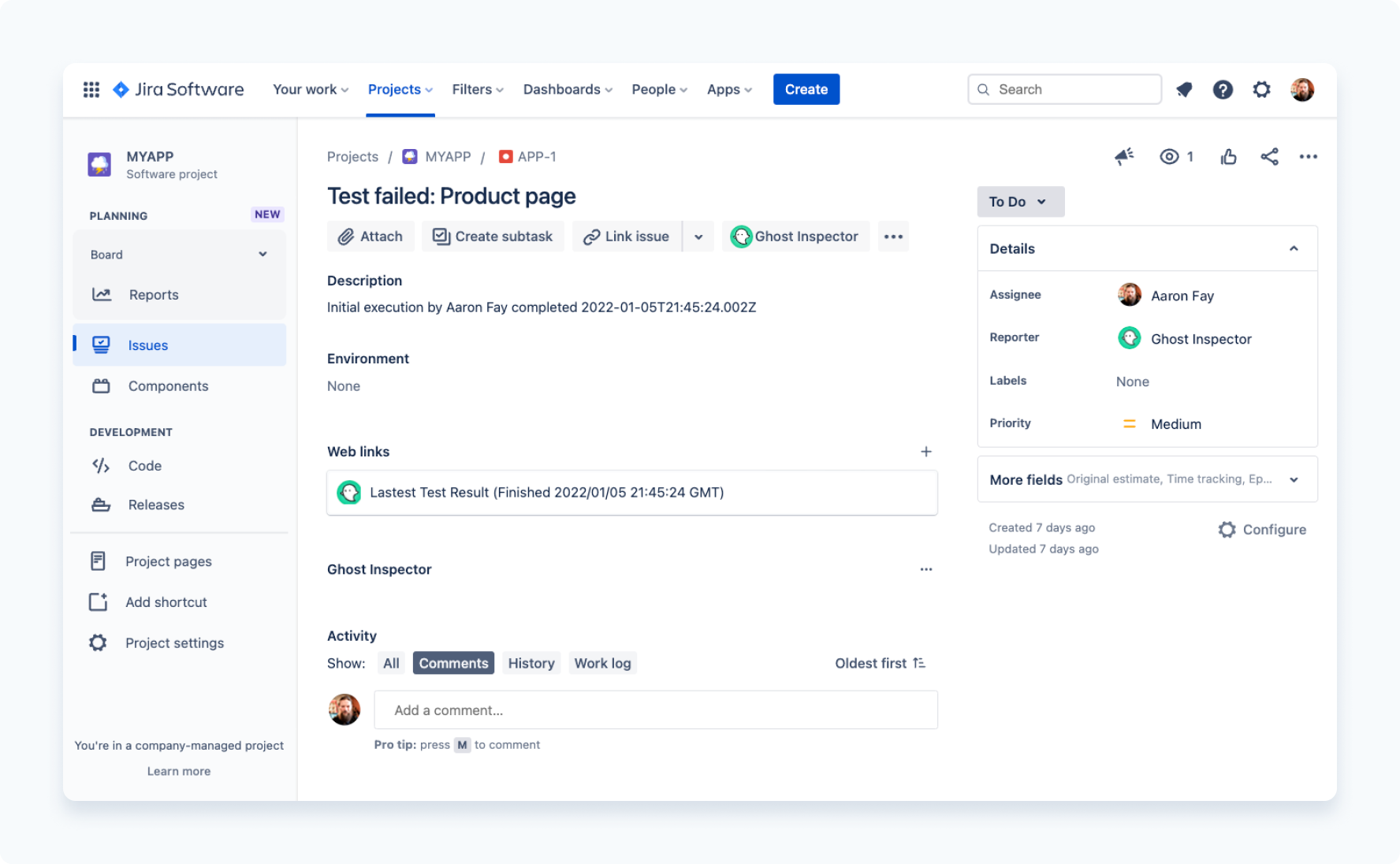 A newly created issue in Jira