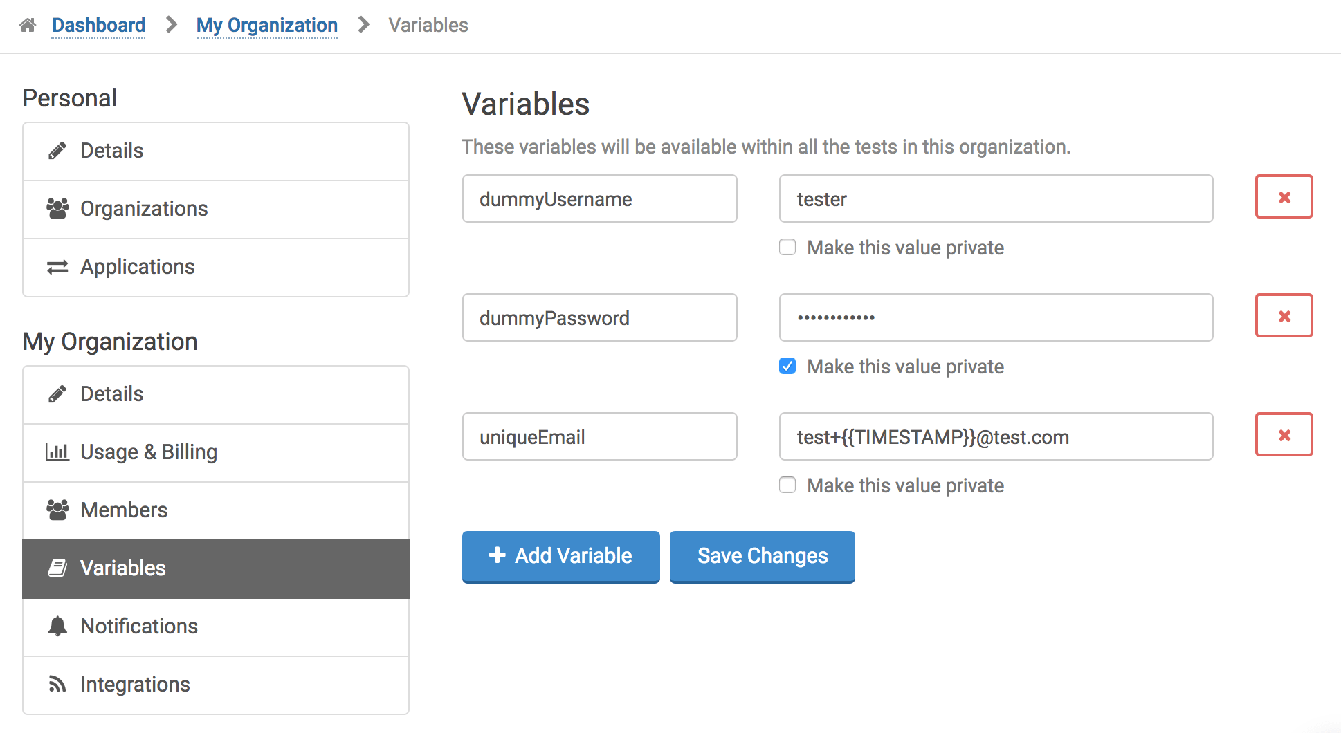 Set organization-level variables