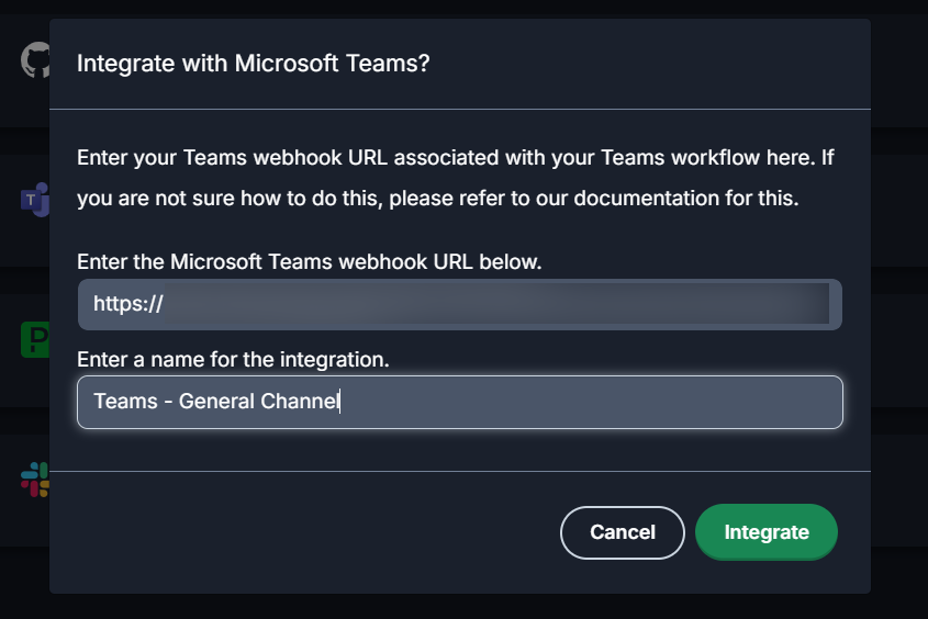 Microsoft Teams: Ghost Inspector Teams Integration Modal